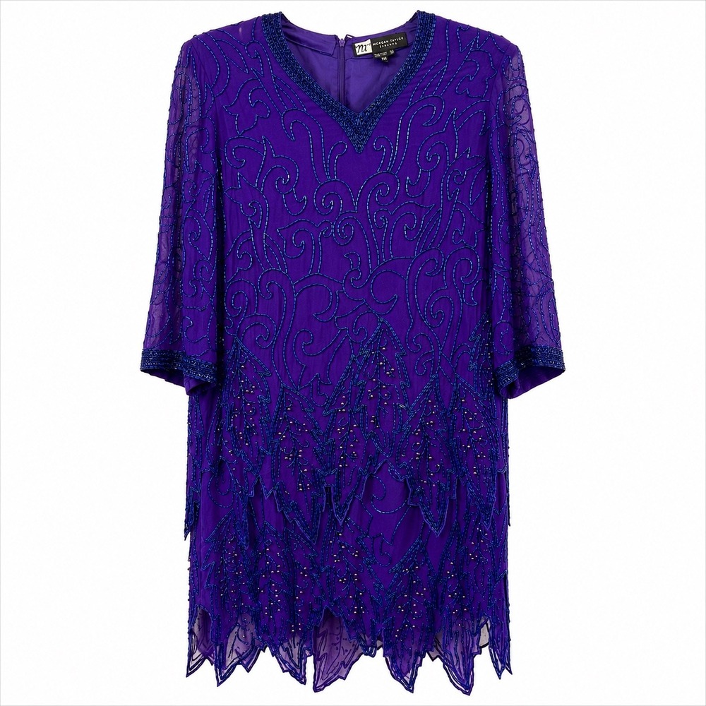 Vintage Purple Silk Beaded Sequin Evening Dress 80s Formal Cocktail Plus Size 14